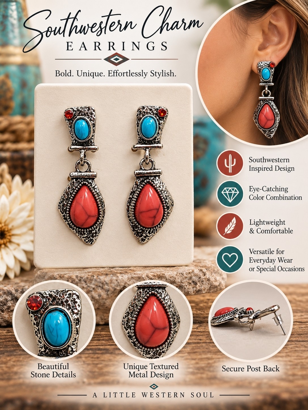A89. Southwestern Red & Blue Drop Earrings NWT